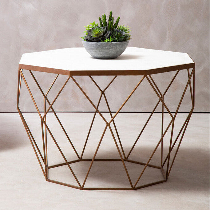 White Octagon Marble Top Coffee Table with Gold Metal Frame | Shalimar