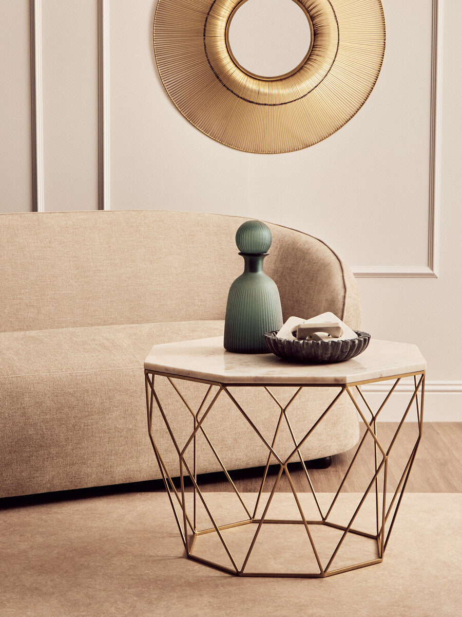 White Octagon Marble Top Coffee Table with Gold Metal Frame | Shalimar