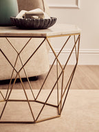 White Octagon Marble Top Coffee Table with Gold Metal Frame | Shalimar