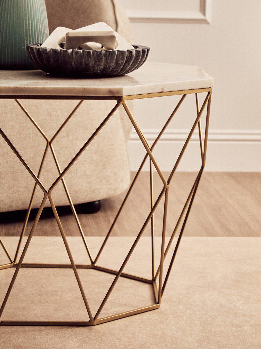 White Octagon Marble Top Coffee Table with Gold Metal Frame | Shalimar