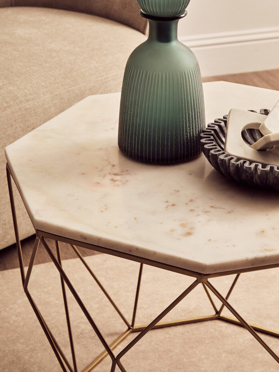 White Octagon Marble Top Coffee Table with Gold Metal Frame | Shalimar