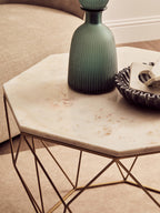 White Octagon Marble Top Coffee Table with Gold Metal Frame | Shalimar