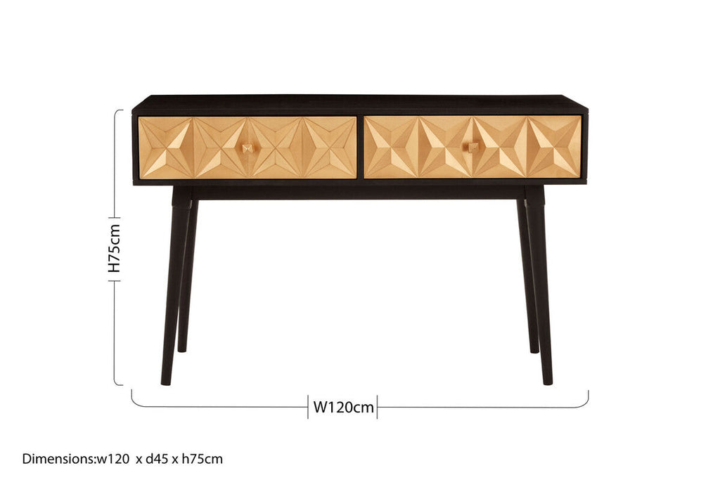 Black Mango Wood Console Table with Gold Star Design Drawer Fronts, Malta
