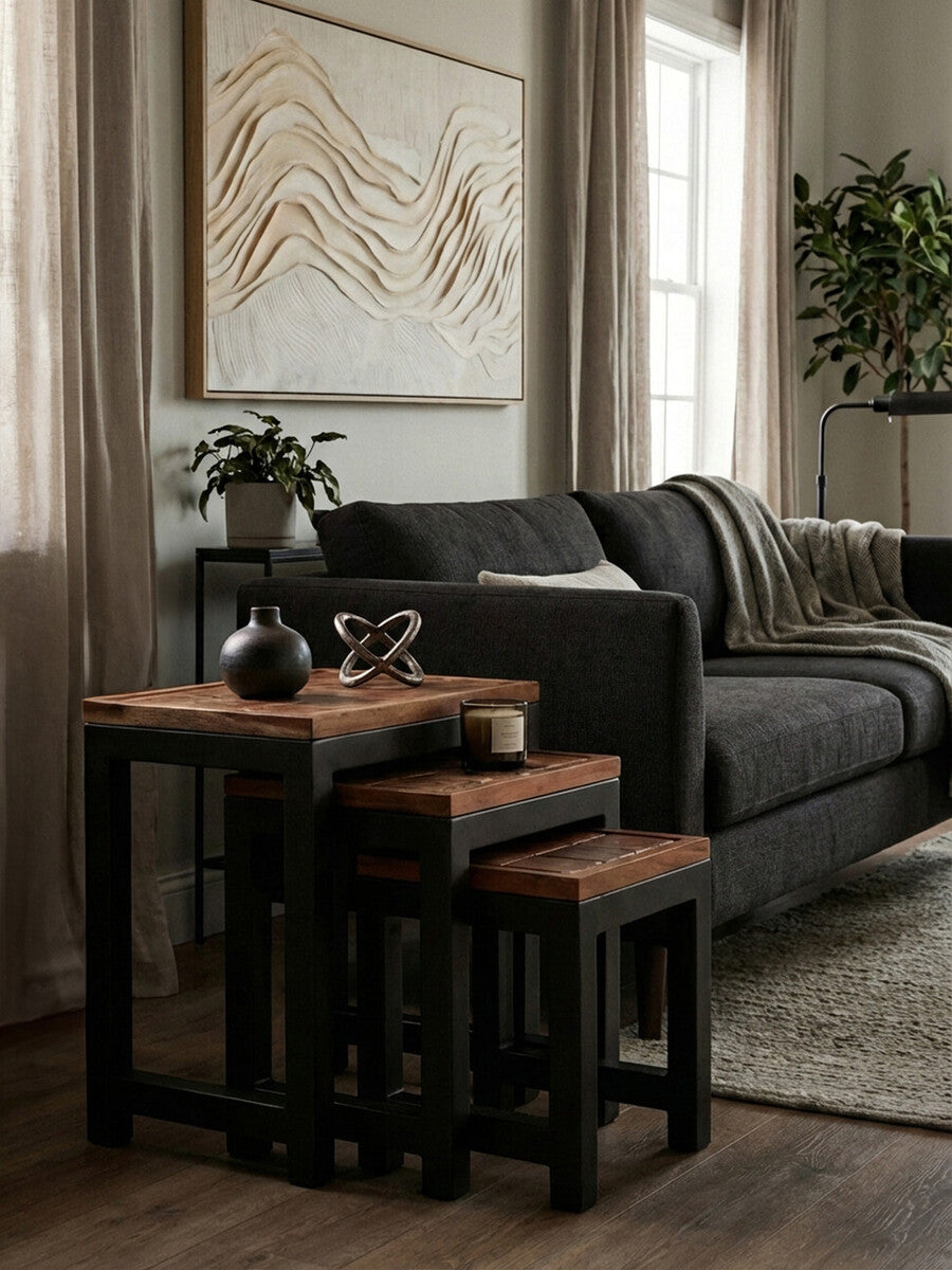 Natural Wood Top Nesting Tables Set of 3 with Black Metal Legs, Artisan