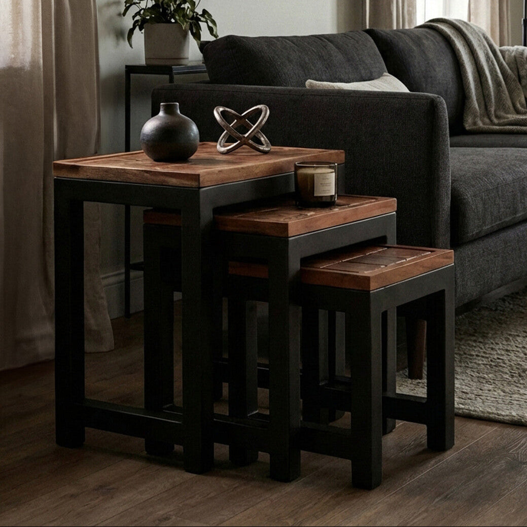 Natural Wood Top Nesting Tables Set of 3 with Black Metal Legs, Artisan
