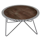 Natural Acacia Wood Coffee Table with Chevron Trim and Black Iron Hairpin Legs | Artisan