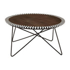 Natural Acacia Wood Coffee Table with Chevron Trim and Black Iron Hairpin Legs | Artisan