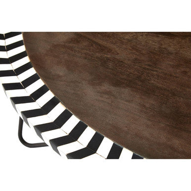 Natural Acacia Wood Coffee Table with Chevron Trim and Black Iron Hairpin Legs | Artisan