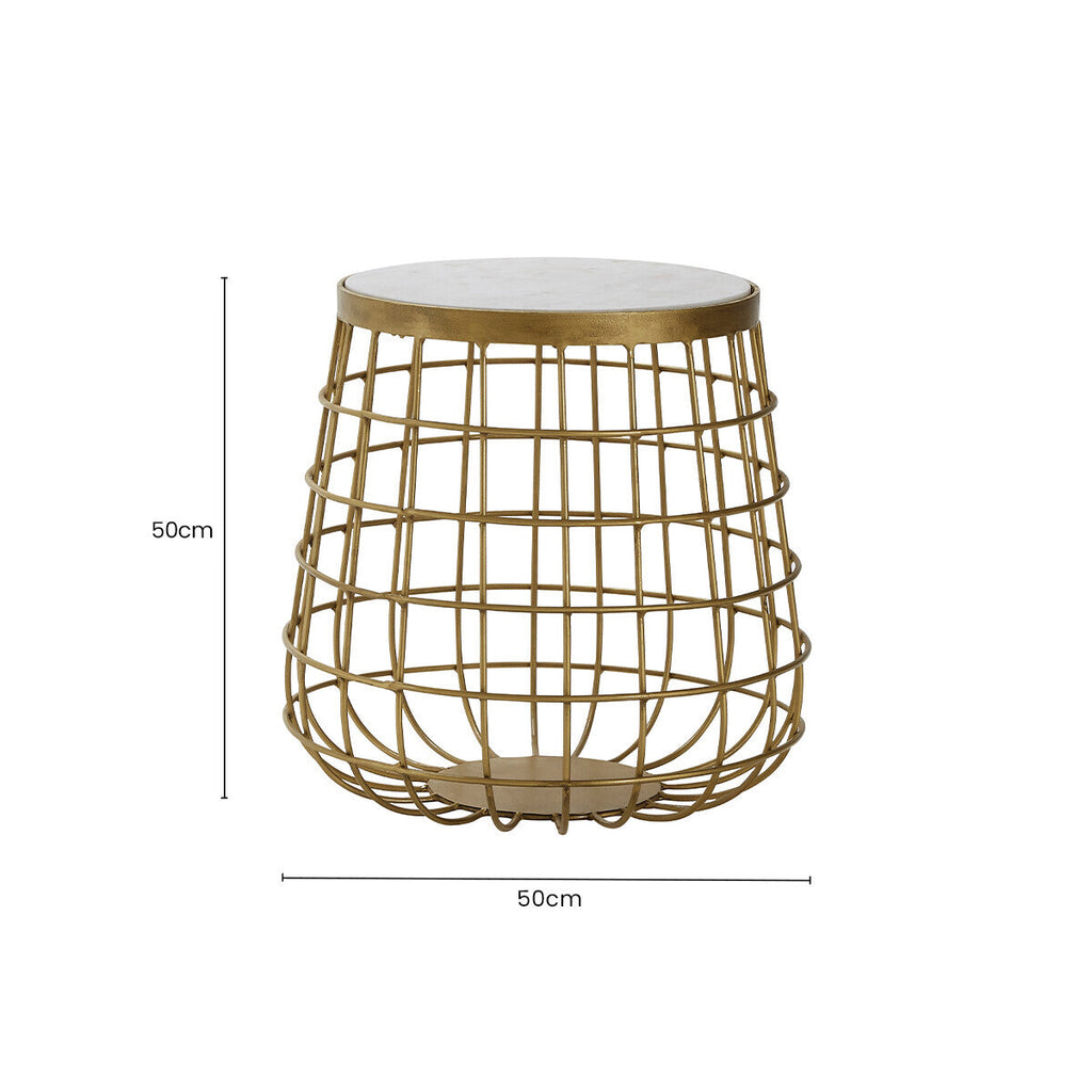 White Marble Top Side Table with Gold Brass Finish Latticed Metal Base | Nirav