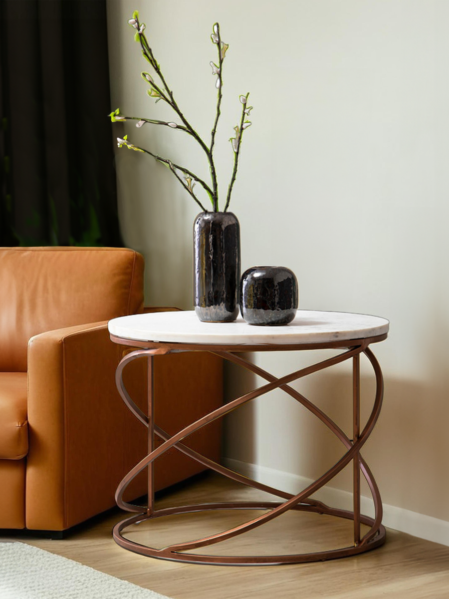 White Marble Top Round Coffee Table with Metal Finish | Nirav