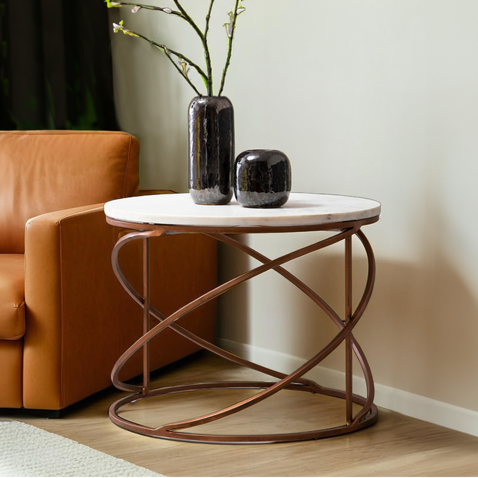 White Marble Top Round Coffee Table with Metal Finish | Nirav