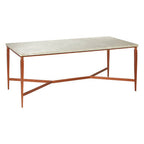 White Marble Top Coffee Table with Warm Copper Tapered Iron Legs | Nirav