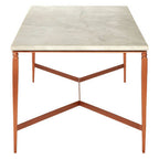 White Marble Top Coffee Table with Warm Copper Tapered Iron Legs | Nirav