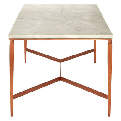 White Marble Top Coffee Table with Warm Copper Tapered Iron Legs | Nirav