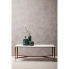 White Marble Top Coffee Table with Warm Copper Tapered Iron Legs | Nirav