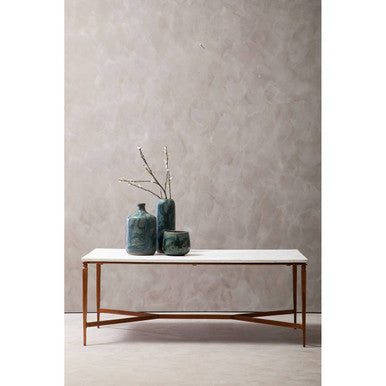 White Marble Top Coffee Table with Warm Copper Tapered Iron Legs | Nirav