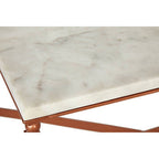 White Marble Top Coffee Table with Warm Copper Tapered Iron Legs | Nirav