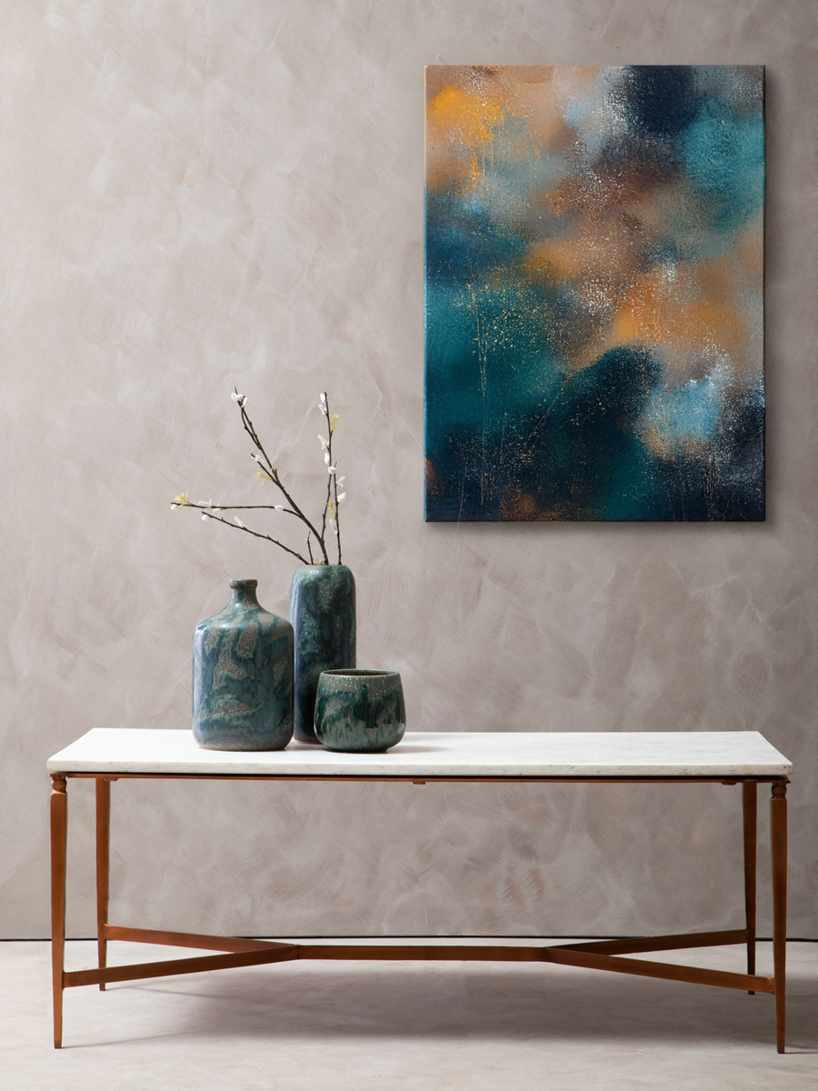 White Marble Top Coffee Table with Warm Copper Tapered Iron Legs | Nirav