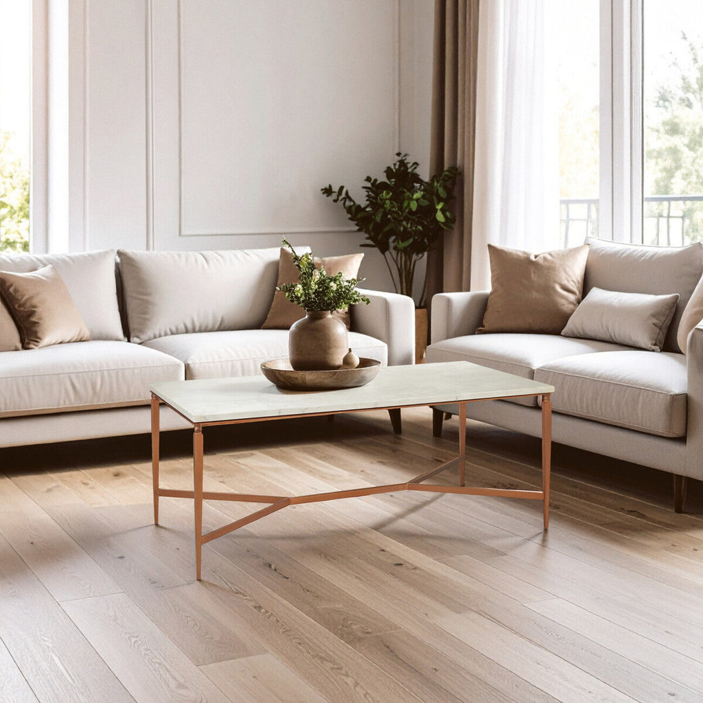 White Marble Top Coffee Table with Warm Copper Tapered Iron Legs | Nirav