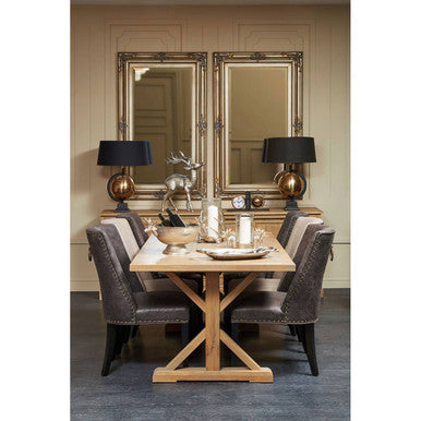 Aged Grey Oak Dining Table with Prominent Silvery Grain and Crossed Base, Lyon