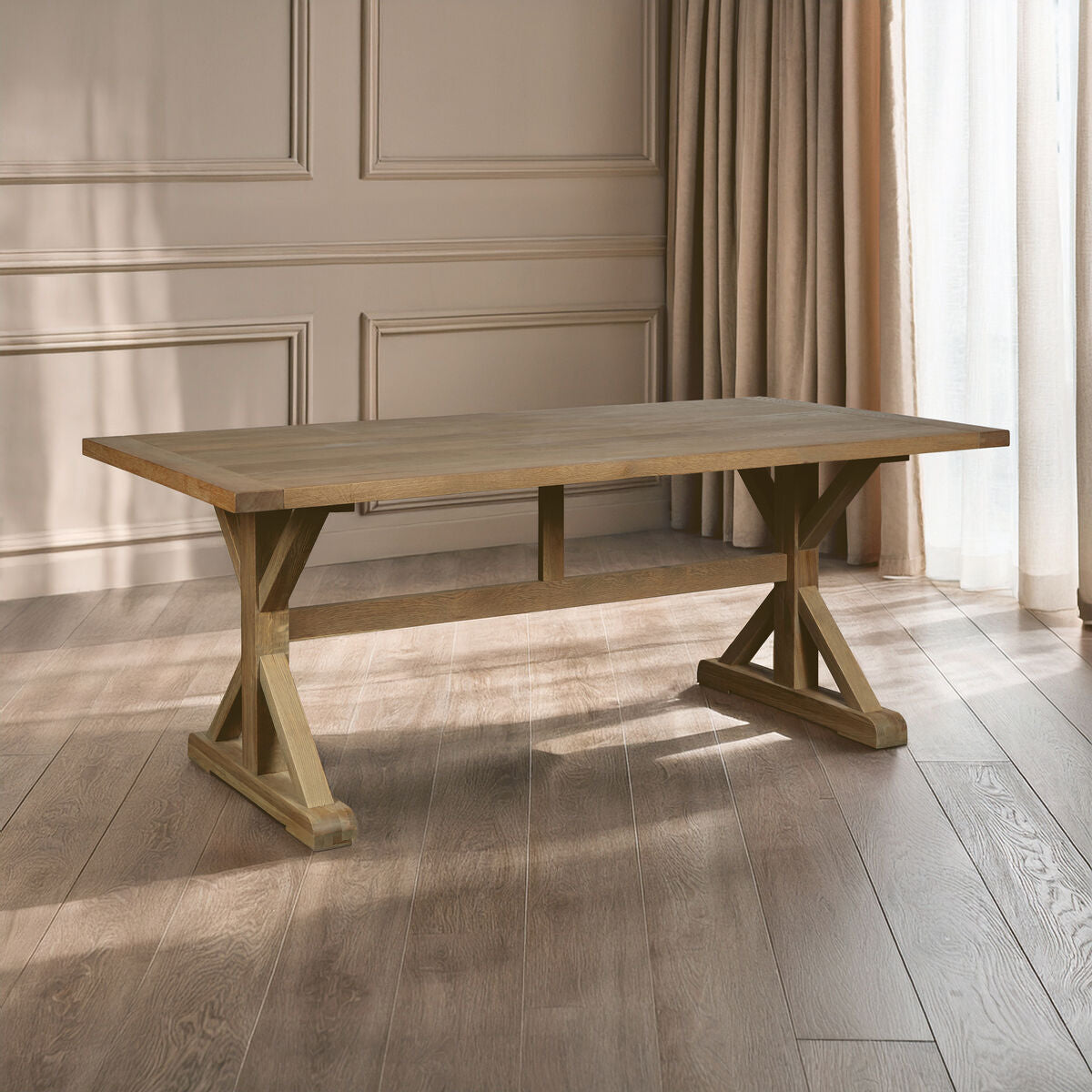 Aged Grey Oak Dining Table with Prominent Silvery Grain and Crossed Base, Lyon