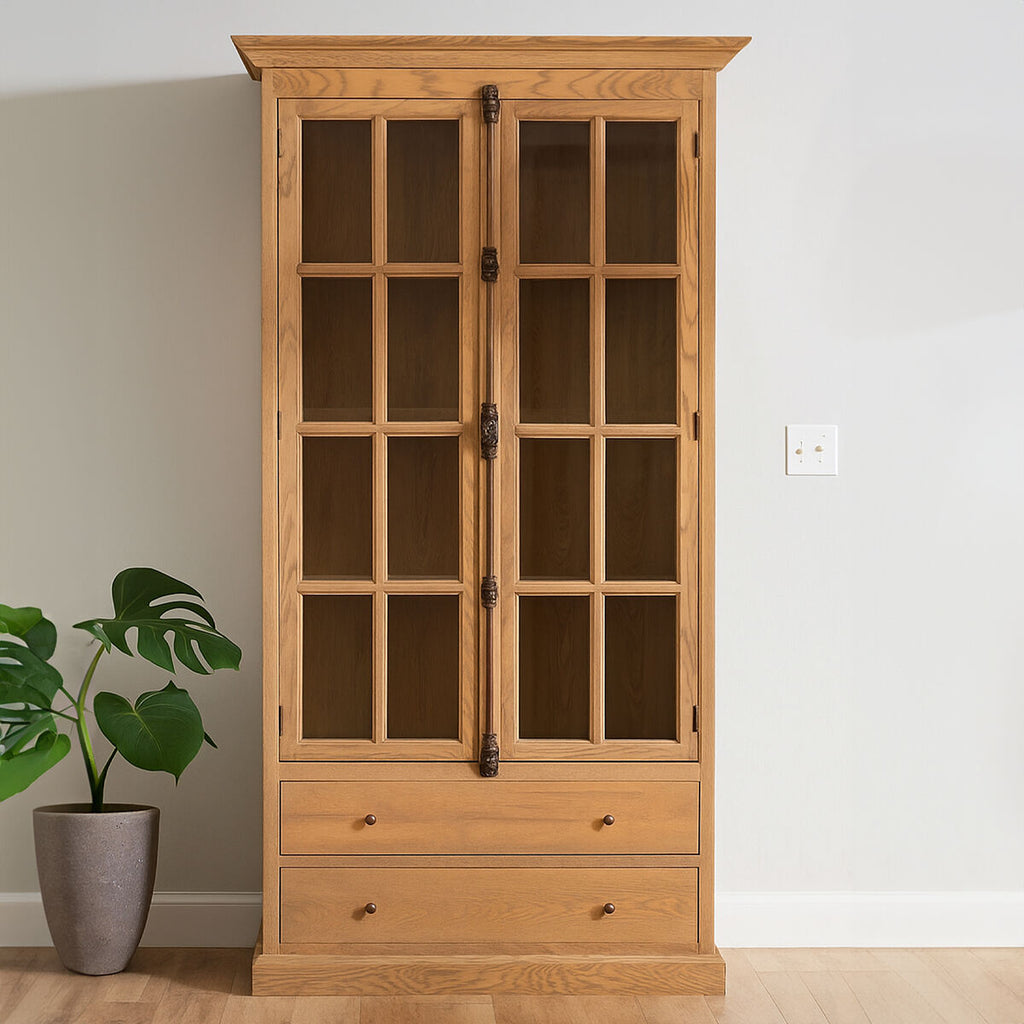 Washed Grey Finish Oak Wood Tall Cabinet | Lyon