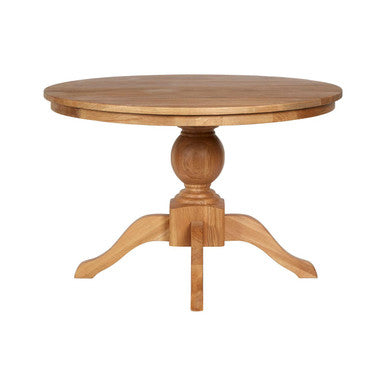Brown Solid Natural Oak Wood Round Dining Table with Turned Pedestal Base, Lyon
