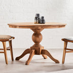 Brown Solid Natural Oak Wood Round Dining Table with Turned Pedestal Base | Lyon