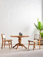 Brown Solid Natural Oak Wood Round Dining Table with Turned Pedestal Base | Lyon
