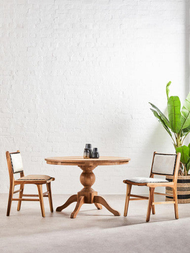 Brown Solid Natural Oak Wood Round Dining Table with Turned Pedestal Base, Lyon