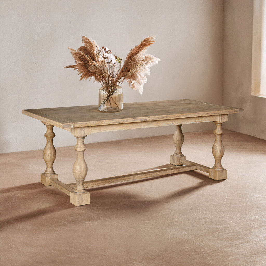 Brown American Oak Wood Whitewash Top Black Dining Table with Carved Legs | Lyon