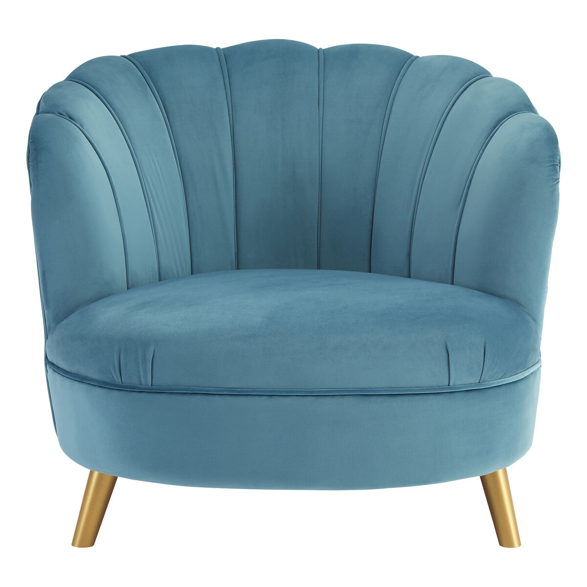 Blue Velvet Scalloped Curved Chair with Gold Wood Legs | Orlina