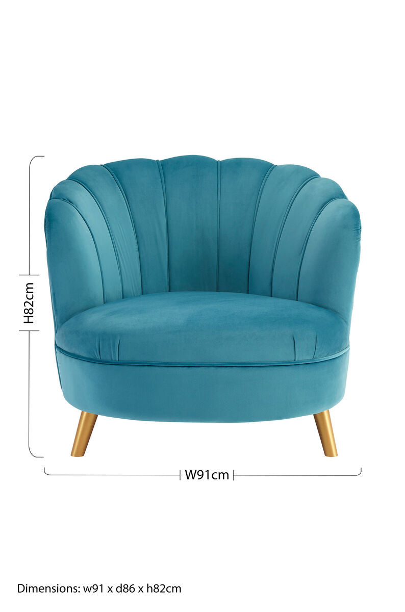 Blue Velvet Scalloped Curved Chair with Gold Wood Legs | Orlina