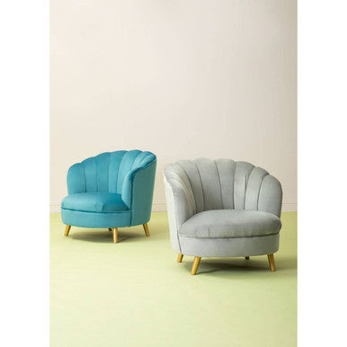 Blue Velvet Scalloped Curved Chair with Gold Wood Legs | Orlina