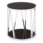 Black Tempered Glass Round Side Table with Chrome Reflective Stainless Steel Base | Alvaro
