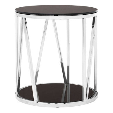 Black Tempered Glass Round Side Table with Chrome Reflective Stainless Steel Base | Alvaro