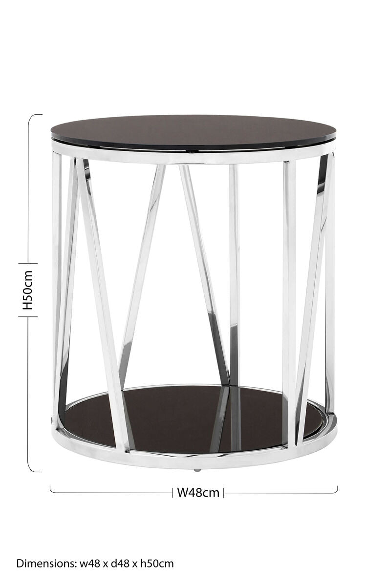 Black Tempered Glass Round Side Table with Chrome Reflective Stainless Steel Base | Alvaro