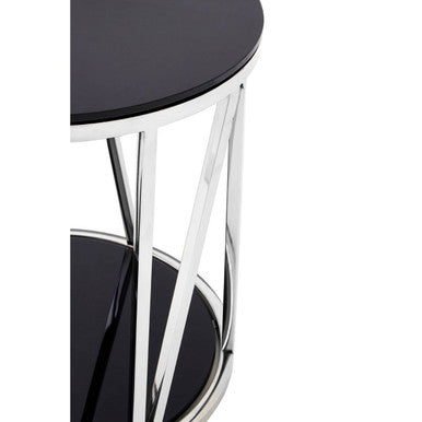 Black Tempered Glass Round Side Table with Chrome Reflective Stainless Steel Base | Alvaro