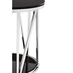 Black Tempered Glass Round Side Table with Chrome Reflective Stainless Steel Base | Alvaro