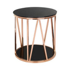 Black Tempered Glass Round Side Table with Rose Gold Reflective Stainless Steel Base | Alvaro
