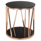 Black Tempered Glass Round Side Table with Rose Gold Reflective Stainless Steel Base | Alvaro