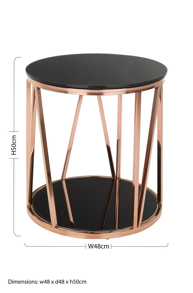 Black Tempered Glass Round Side Table with Rose Gold Reflective Stainless Steel Base | Alvaro