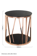 Black Tempered Glass Round Side Table with Rose Gold Reflective Stainless Steel Base | Alvaro