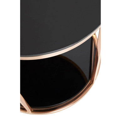 Black Tempered Glass Round Side Table with Rose Gold Reflective Stainless Steel Base | Alvaro