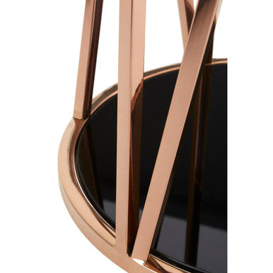 Black Tempered Glass Round Side Table with Rose Gold Reflective Stainless Steel Base | Alvaro