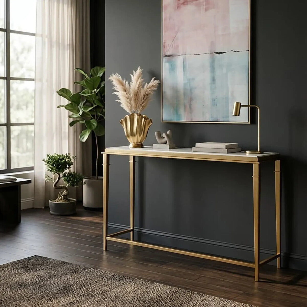 White Marble Top Console Table with Warm Gold Stainless Steel Frame | Alvaro