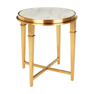 Round White Marble Top Side Table with Warm Gold Finish Stainless Steel Frame | Alvaro