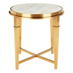Round White Marble Top Side Table with Warm Gold Finish Stainless Steel Frame | Alvaro