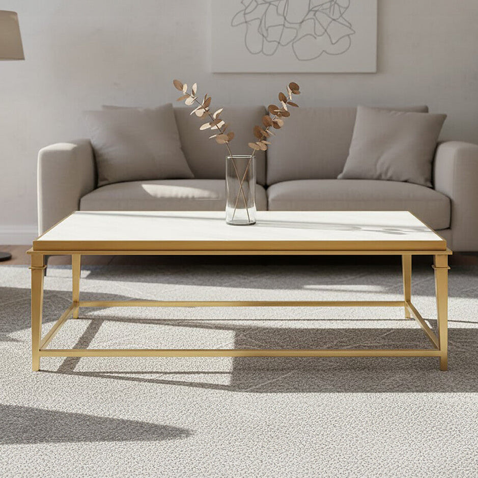 Rectangular White Marble Coffee Table with Warm Gold Stainless Steel Frame | Alvaro
