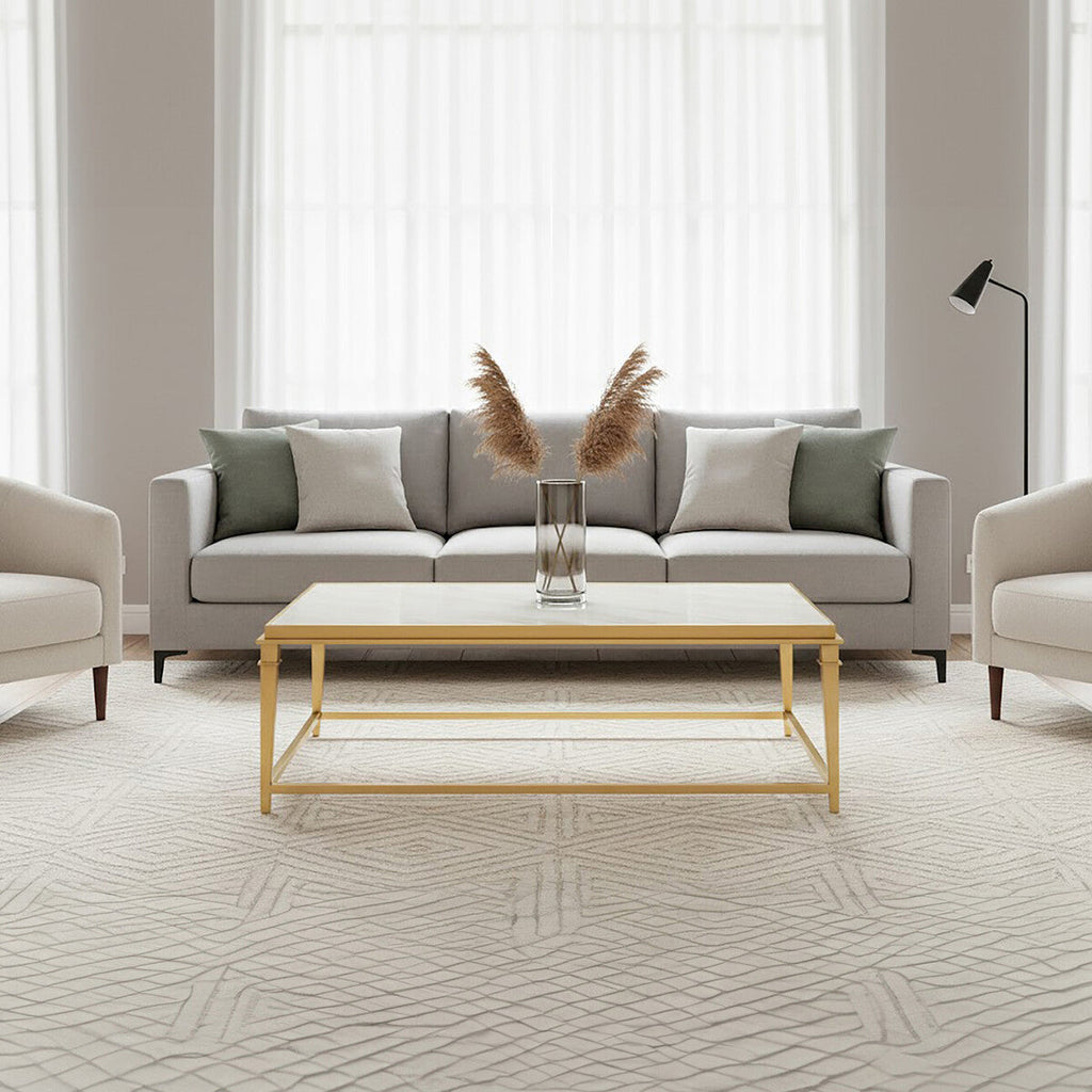Rectangular White Marble Coffee Table with Warm Gold Stainless Steel Frame | Alvaro